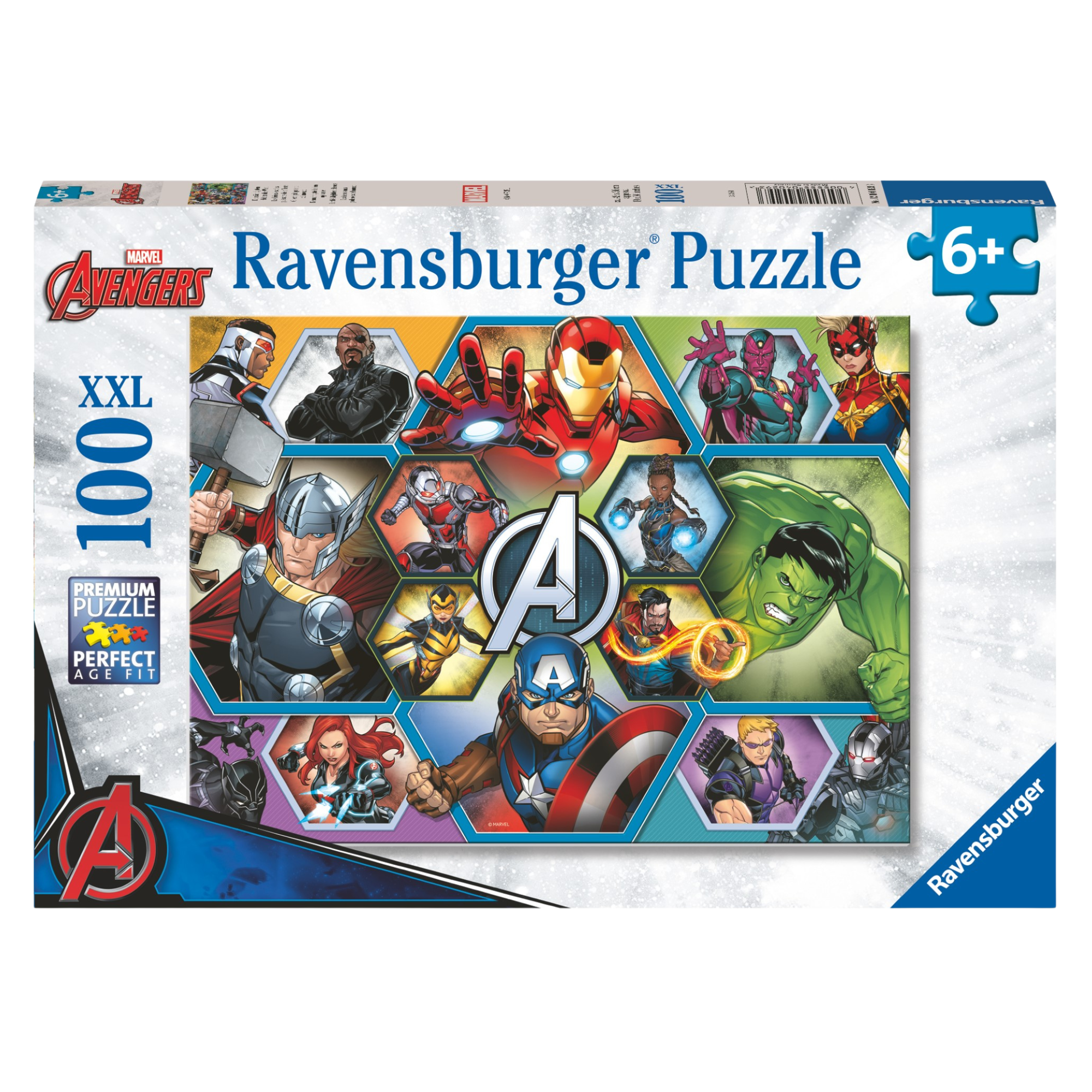 Sterke Marvel Avengers 100 brikker XXL Ravensburger puslespill eske med superhelt collage motiv